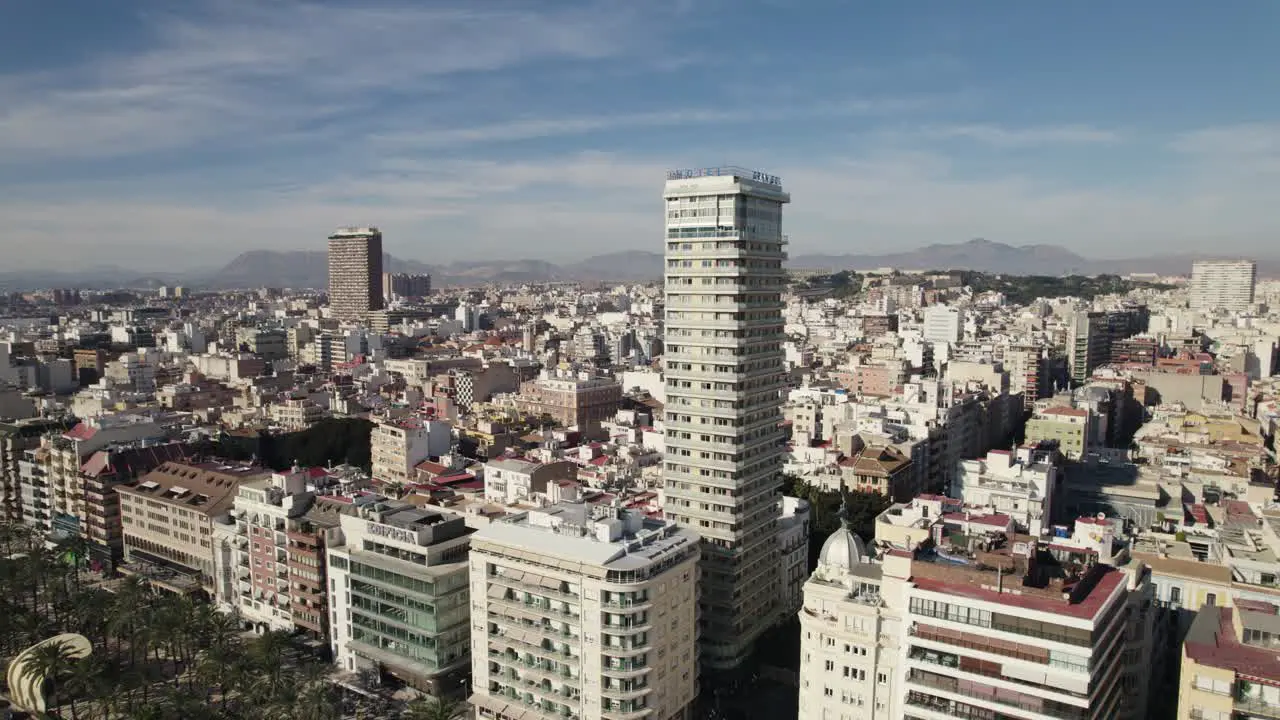 Aerial pan reveals cityscape of ancient city of Alicante Spain