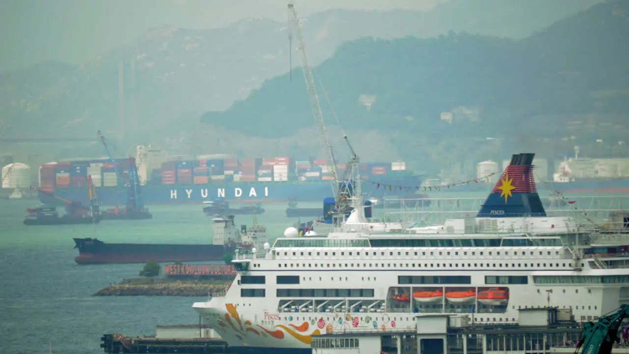 View to Hong Kong harbour with passenger and cargo ships