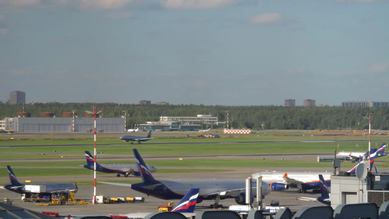 Traffic of Aeroflot airplanes at Sheremetyevo Airport Moscow