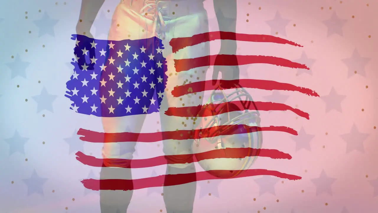 Animation of caucasian american football player and flag of usa