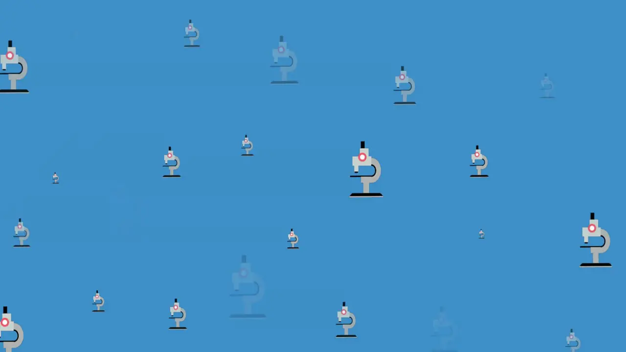 Animation of multiple microscope icons against blue background with copy space