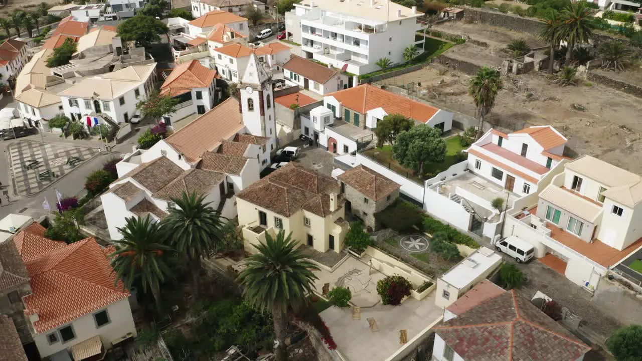 Flying towards old house of Christopher Columbus in Vila Baleira aerial