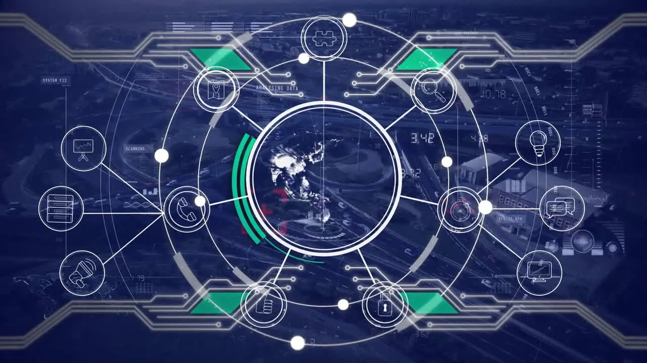 Animation of data processing and globe with icons over city