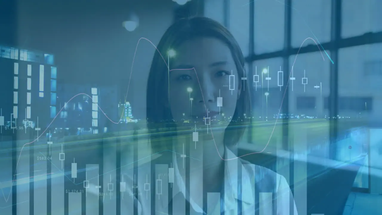 Animation of diagrams and city over asian businesswoman smiling