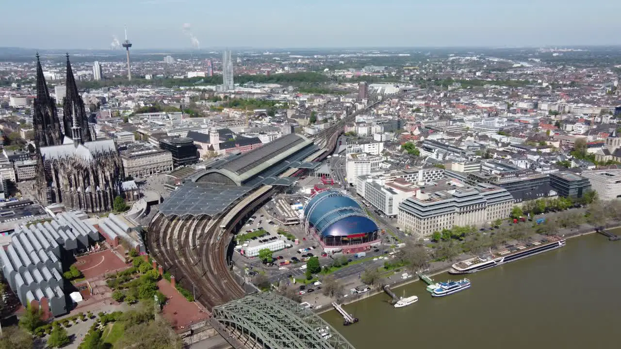 Cologne Cityscape and Panoramic aerial skyline of western side Landmarks with Cathedral dome and train Station