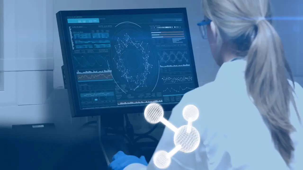 Animation of molecules over caucasian female scientists using computer in lab