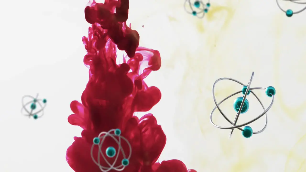 Animation of molecules over red liquid on white background