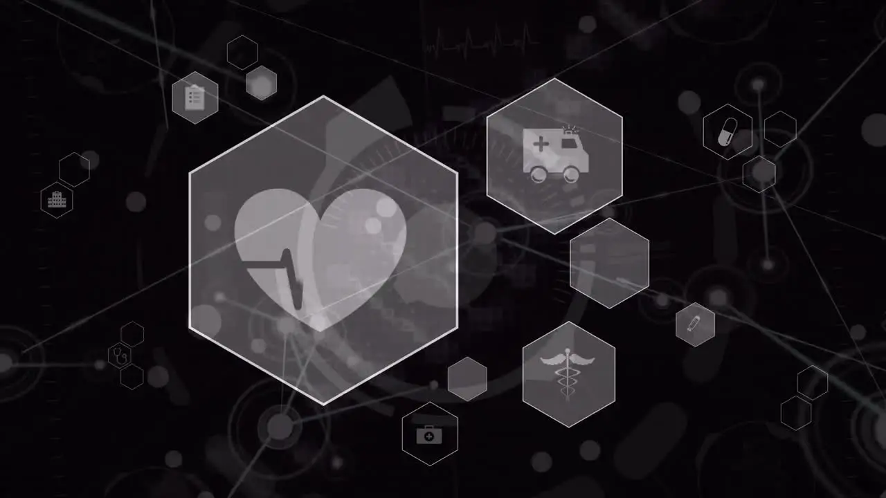 Animation of network of medical icons and data processing