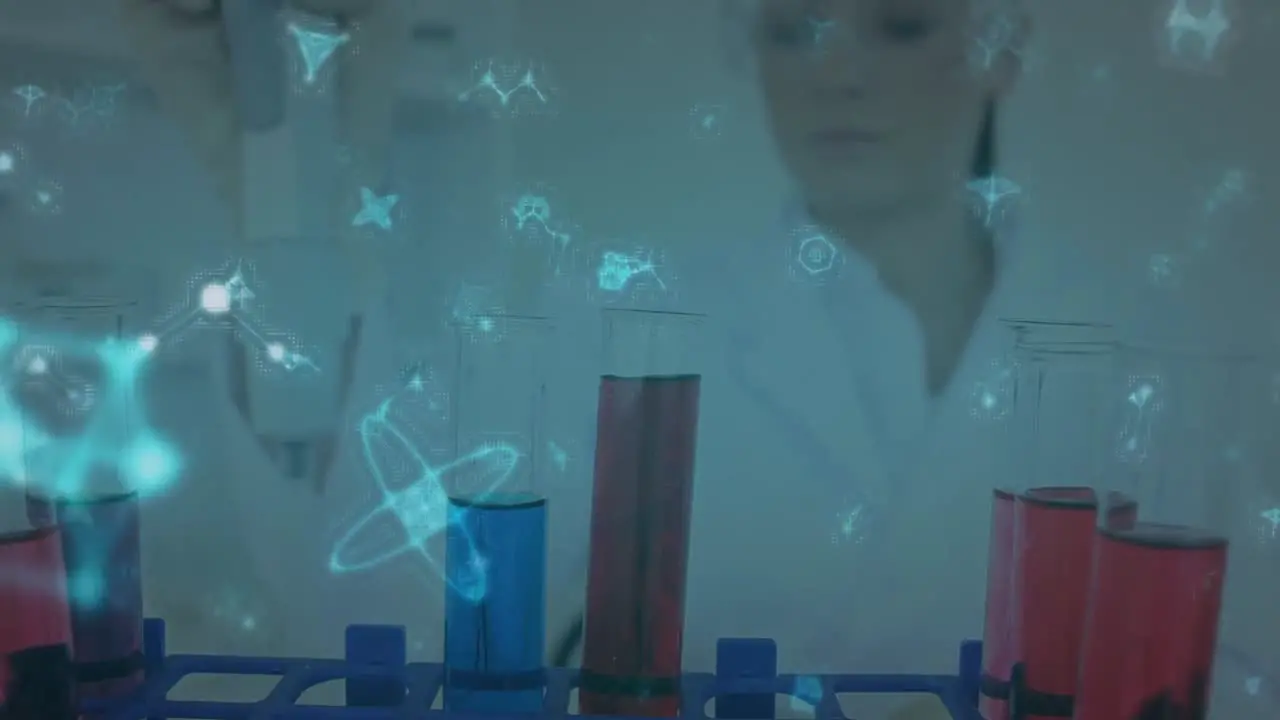 Animation of glowing molecular structure floating over caucasian scientist working at laboratory