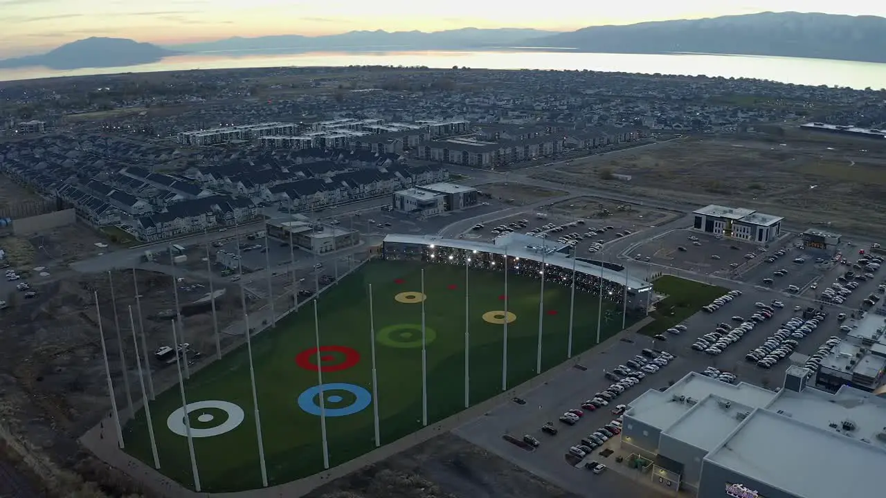 Orbiting shot of the new Topgolf driving range during sunset located in Vinyard Utah