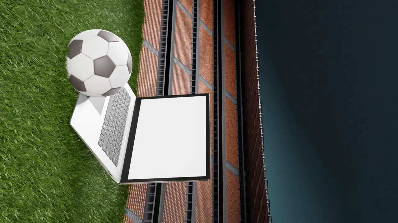 Laptop whitescreen template football ball in soccer field 3d animation vertical