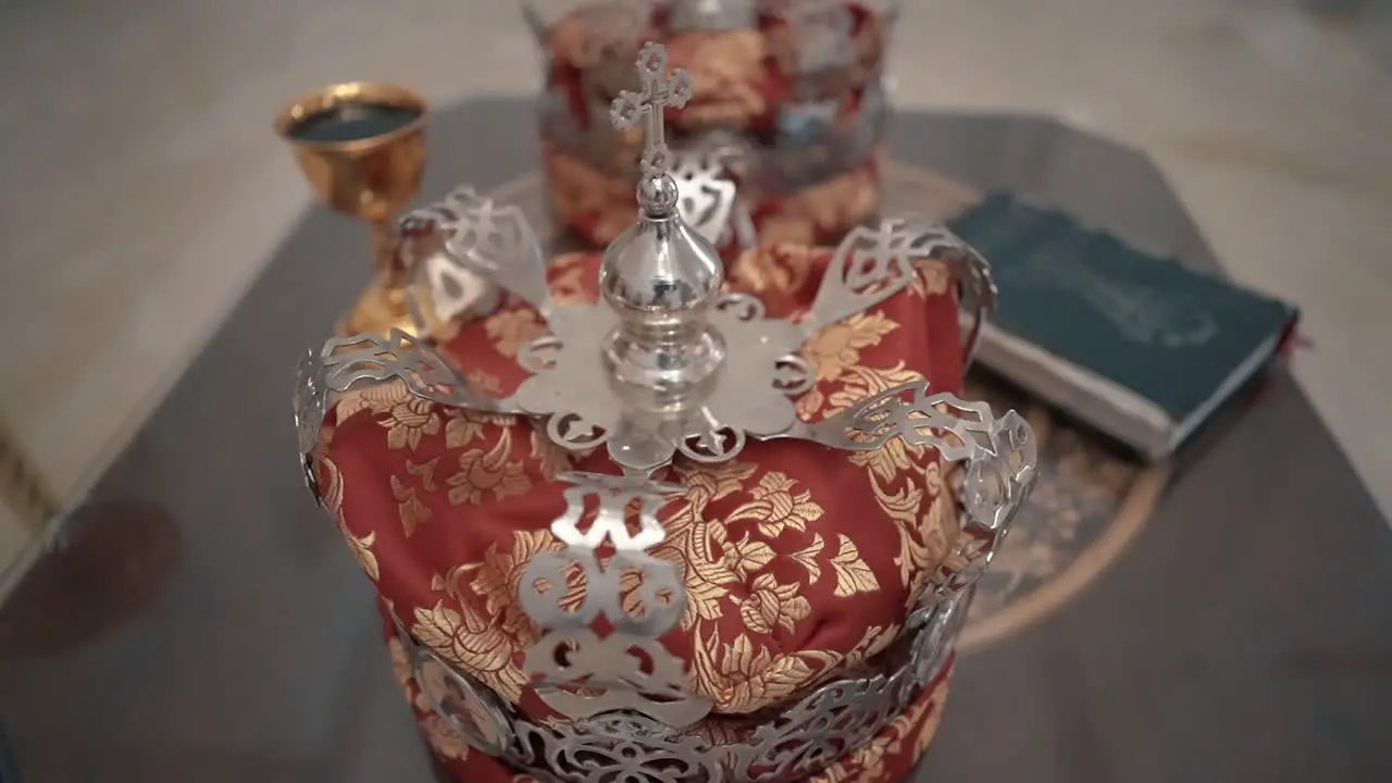 Close up of Wedding crowns and Bible Orthodox Church in Serbia