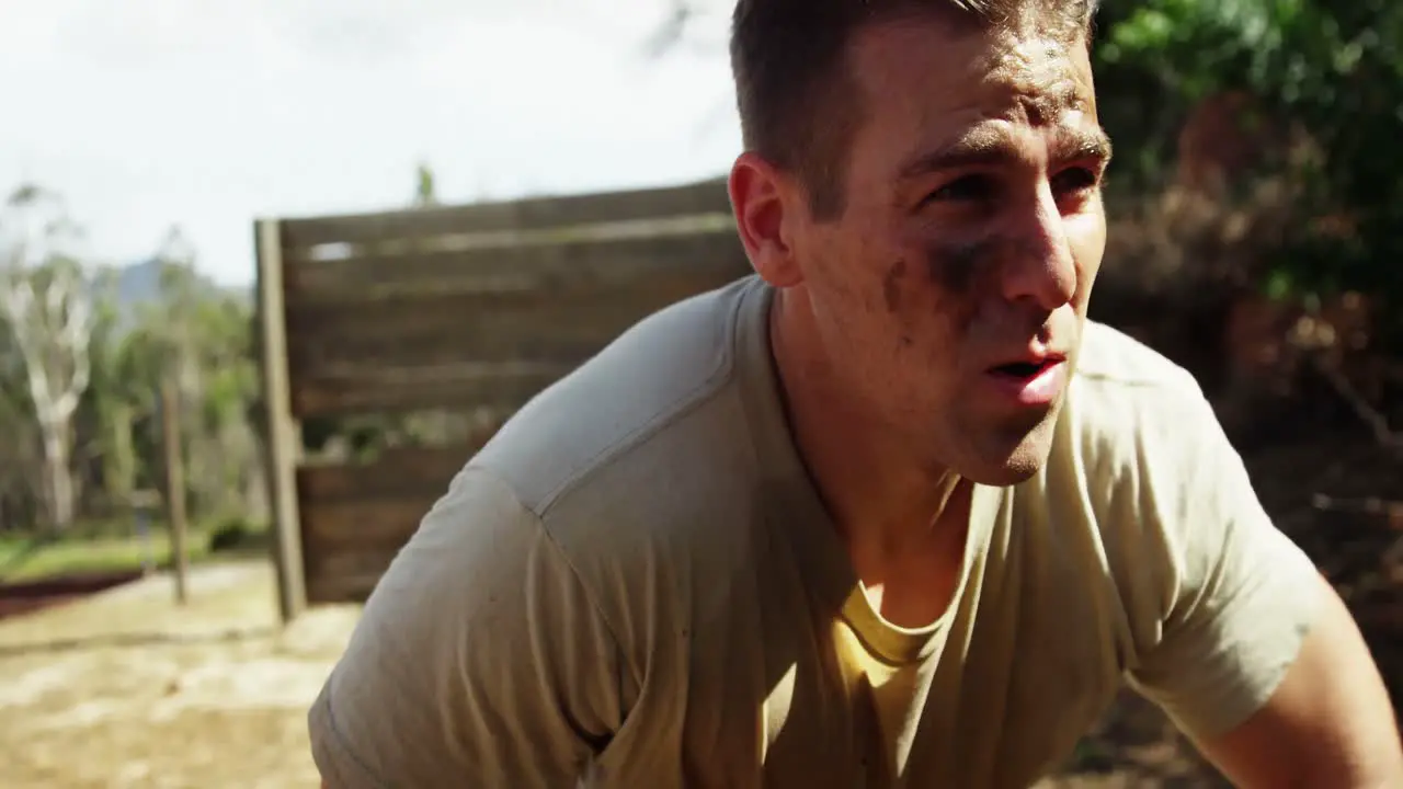 Military soldier standing at boot camp 4k