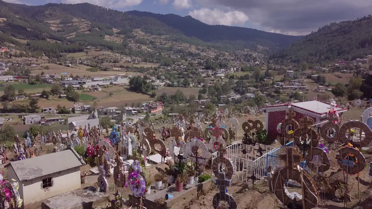 Aerial Drone shot flying over a cemetery in El Rosario Mexico