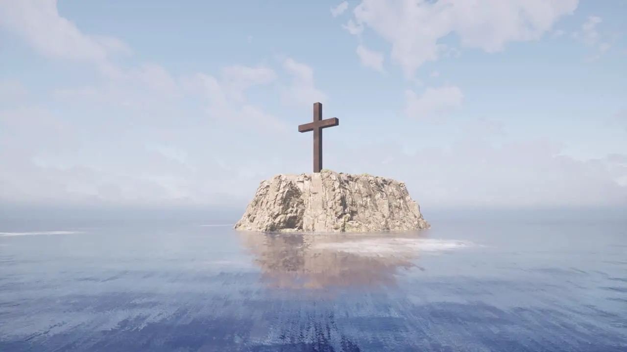 A large wooden cross standing upon a large cliff in the middle of the sea with seagulls flying above it 3D animation with camera dolly forward and up fast