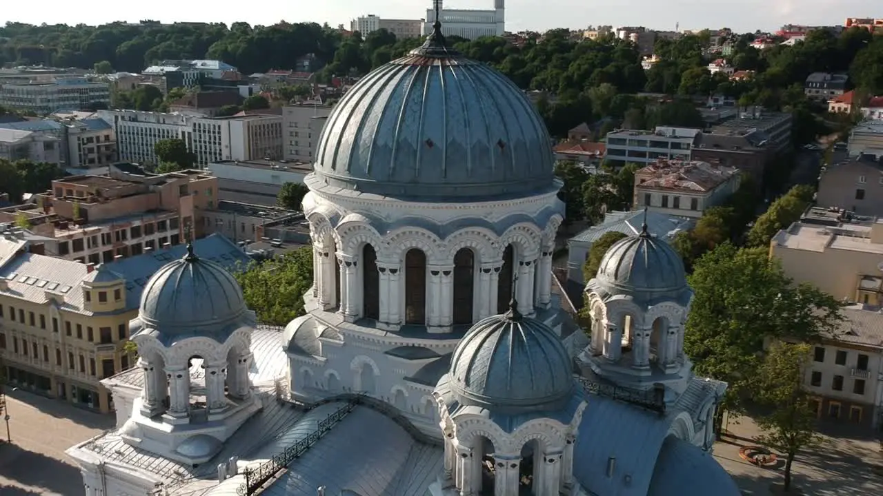 Aerial shot around main dome of Saint Michael church in Kaunas LIthuania