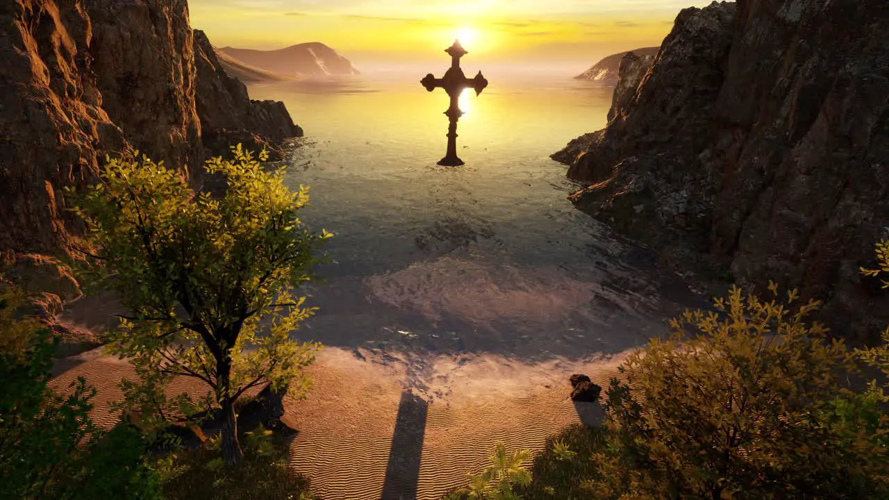 A huge gothic cross on the sea surrounded by large cliffs a sand beach grass trees and a sunset 3D animation high-ground view