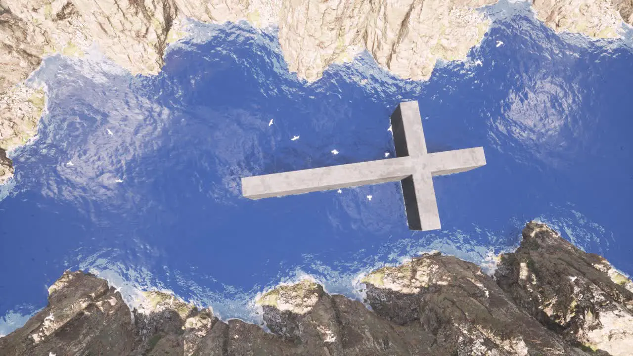 A large stone cross lying on the sea between large steep cliffs and seagulls flying above it 3D animation with camera dolly downward