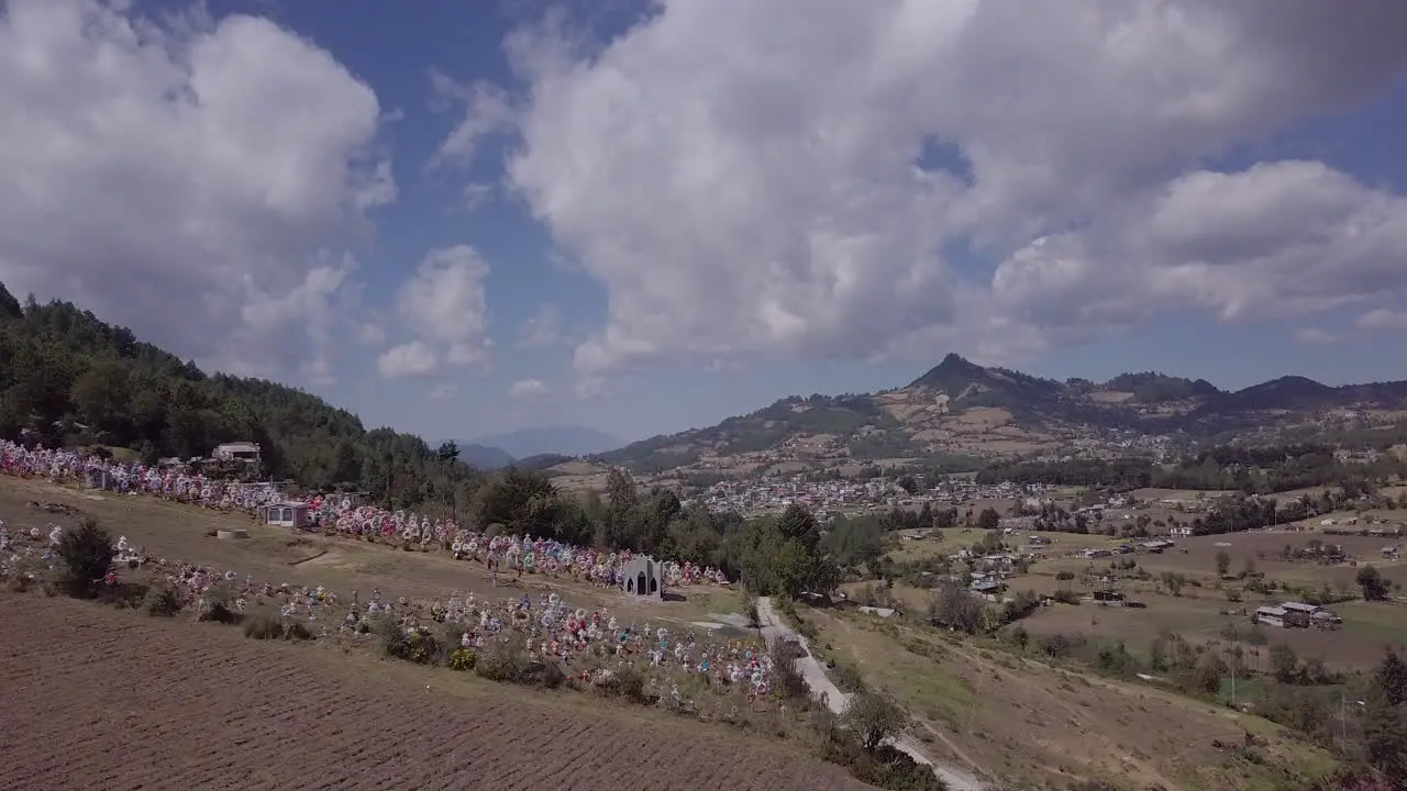 El Rosario in Michoacán Mexico Aerial Drone Shot flying towards the small town