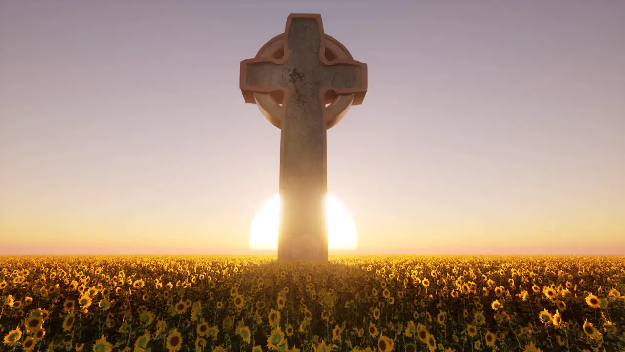 Large medieval-style cross on a sunflowers field with the sunset behind it 3D animation camera dolly forward slowly