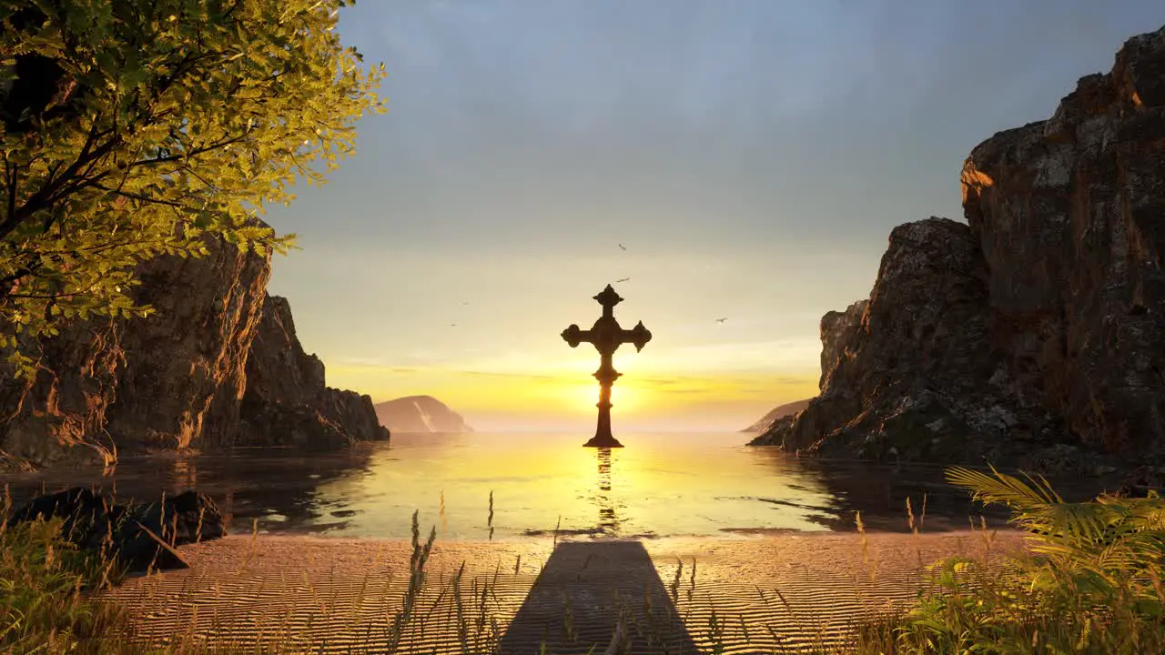 A huge gothic cross on the sea surrounded by large cliffs a sand beach grass trees and a sunset 3D animation