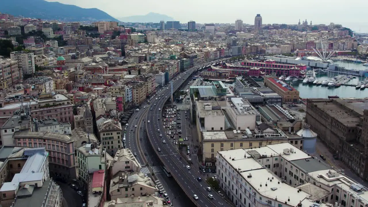 Cityscape drone view of Genoa metropolitan city important Mediterranean seaport