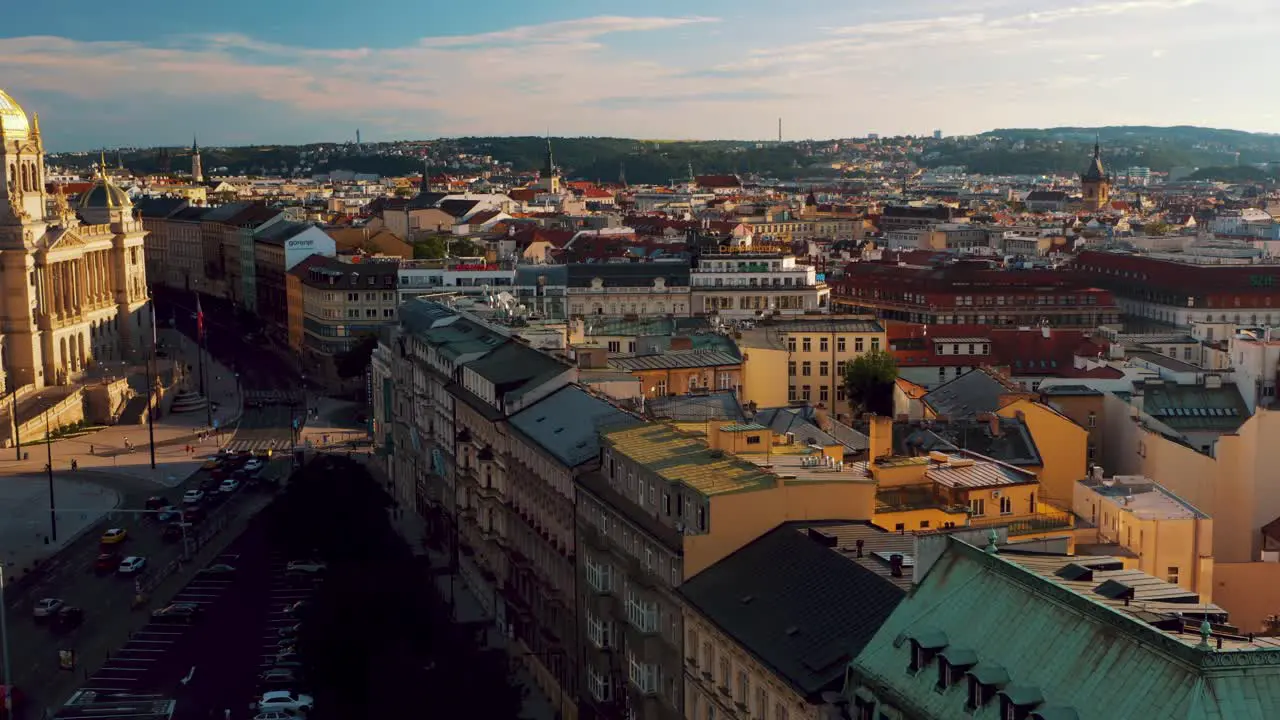 Cityscape aerial during golden hour in the capital city Prague revealing Narodni Museum at wenceslas square national museum of Czech Republic Czechia