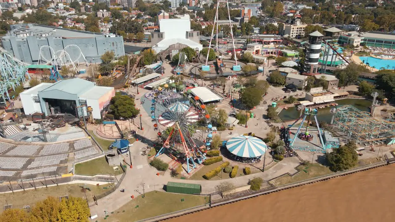 Daytime Aerial View Of Amusement Park Rides At Costa Park Along Lujan River In Tigre City Buenos Aires Argentina