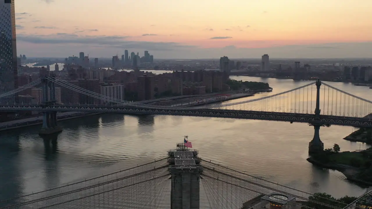 A high angle aerial view of the East River at sunrise