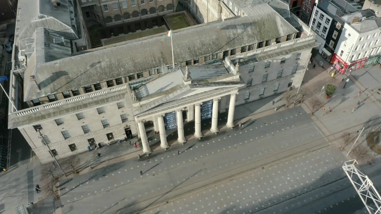 Aerial down tilt footage of the GPO in Dublin shot in 4K