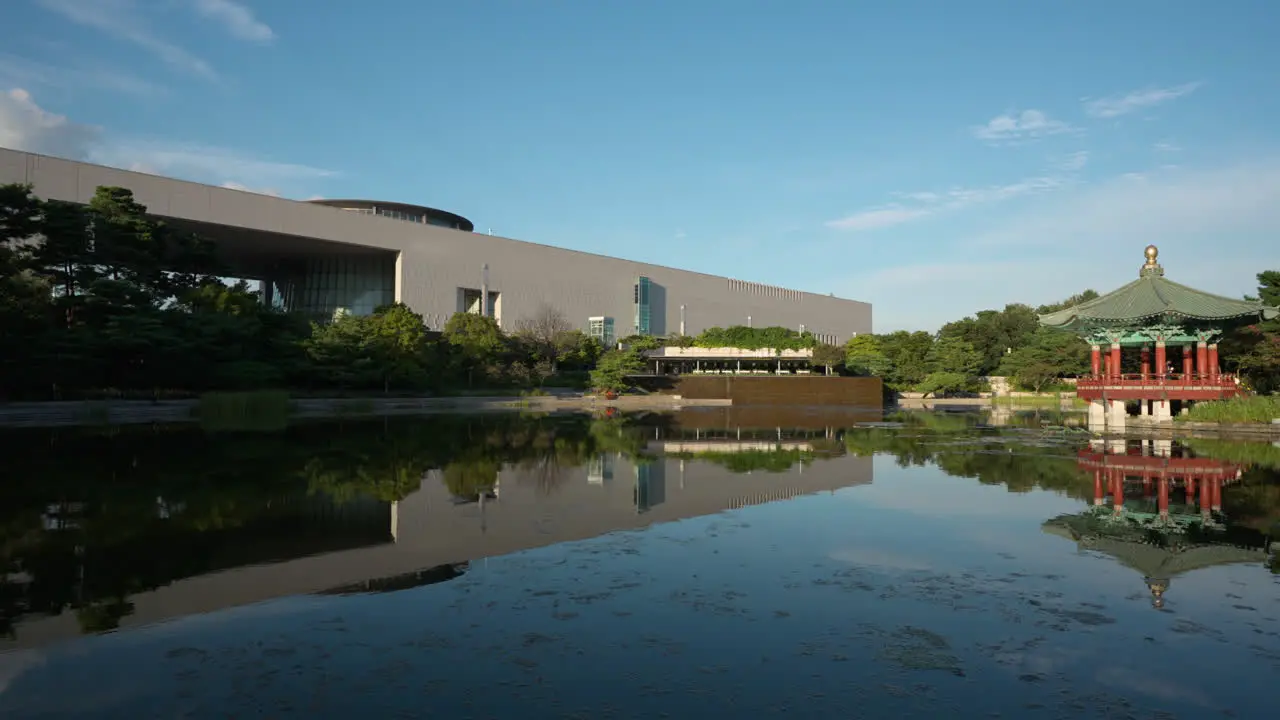 Cheongjajeong Pavilion on Glass Pond at the National Museum of Korea in Summer with Reflections in Water in Seoul Downtown Right Pan Panoramic