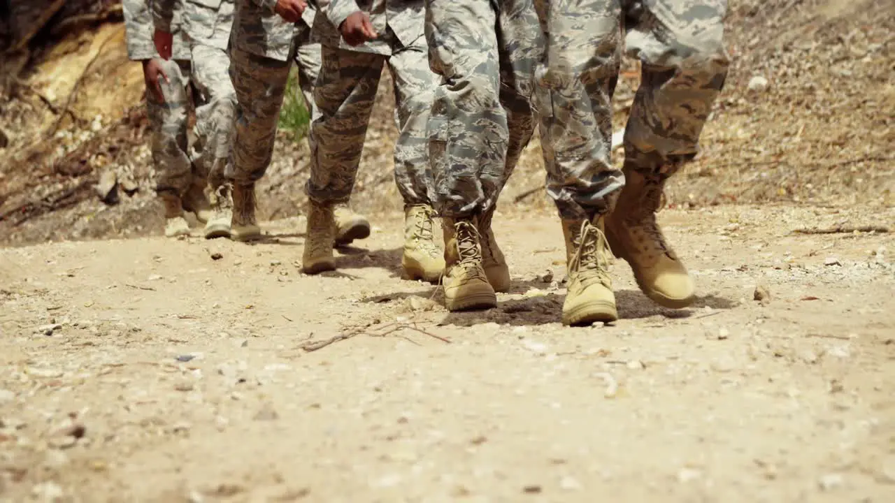 Military troops walking at boot camp 4k