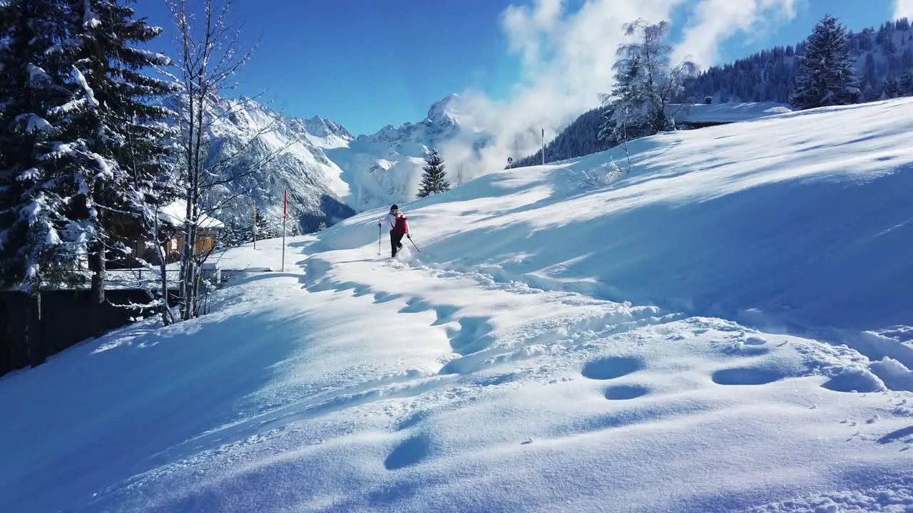 Woman walking on the snow with walking stick and snow shoes