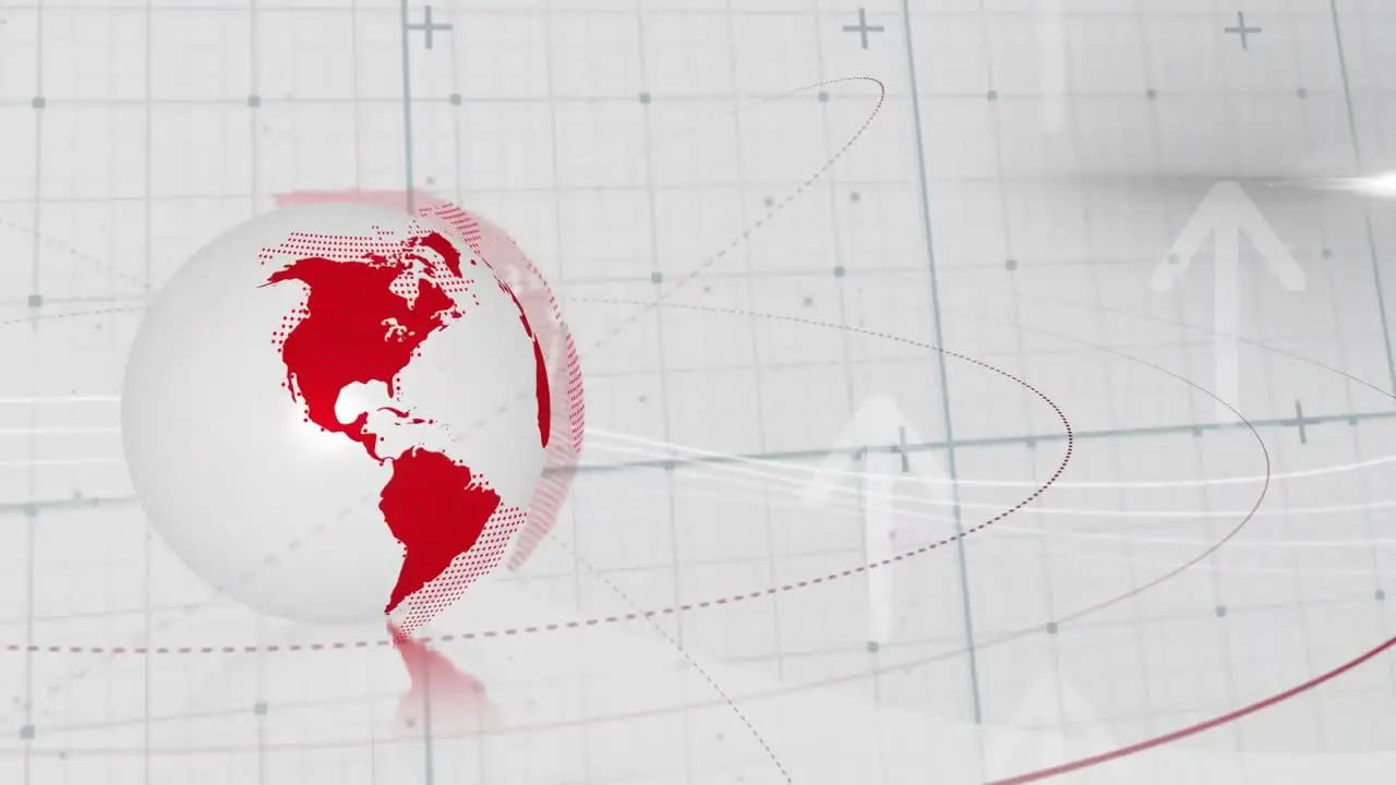 Animation of globe on circles over grid pattern and up arrows against abstract background