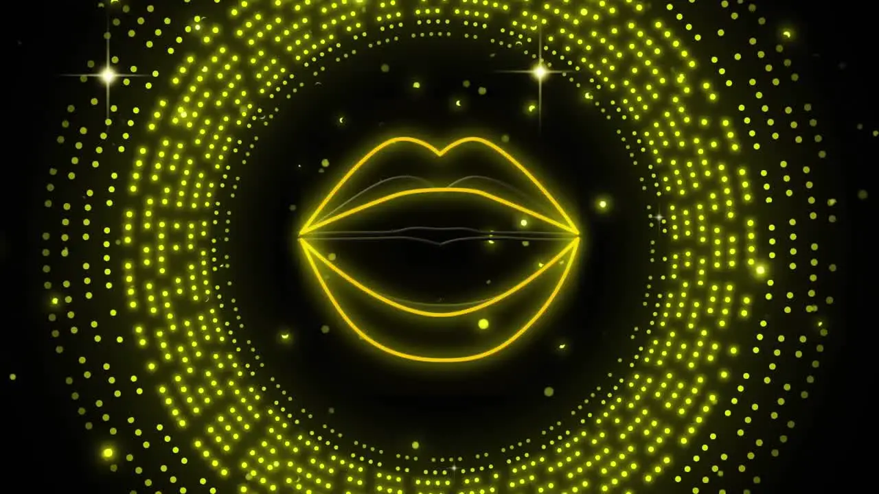 Animation of neon lips over flashing yellow light pattern