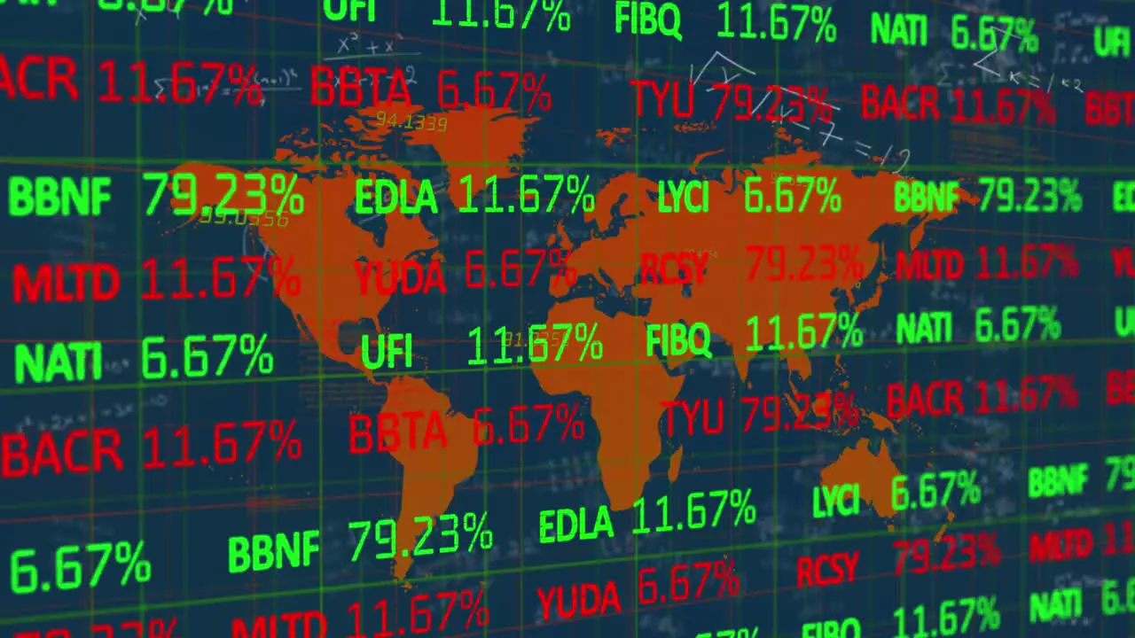 Animation of trading board over mathematical equations and map against abstract background