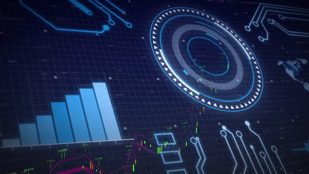 Animation of arrows in circles graph circuit board pattern grid pattern over abstract background