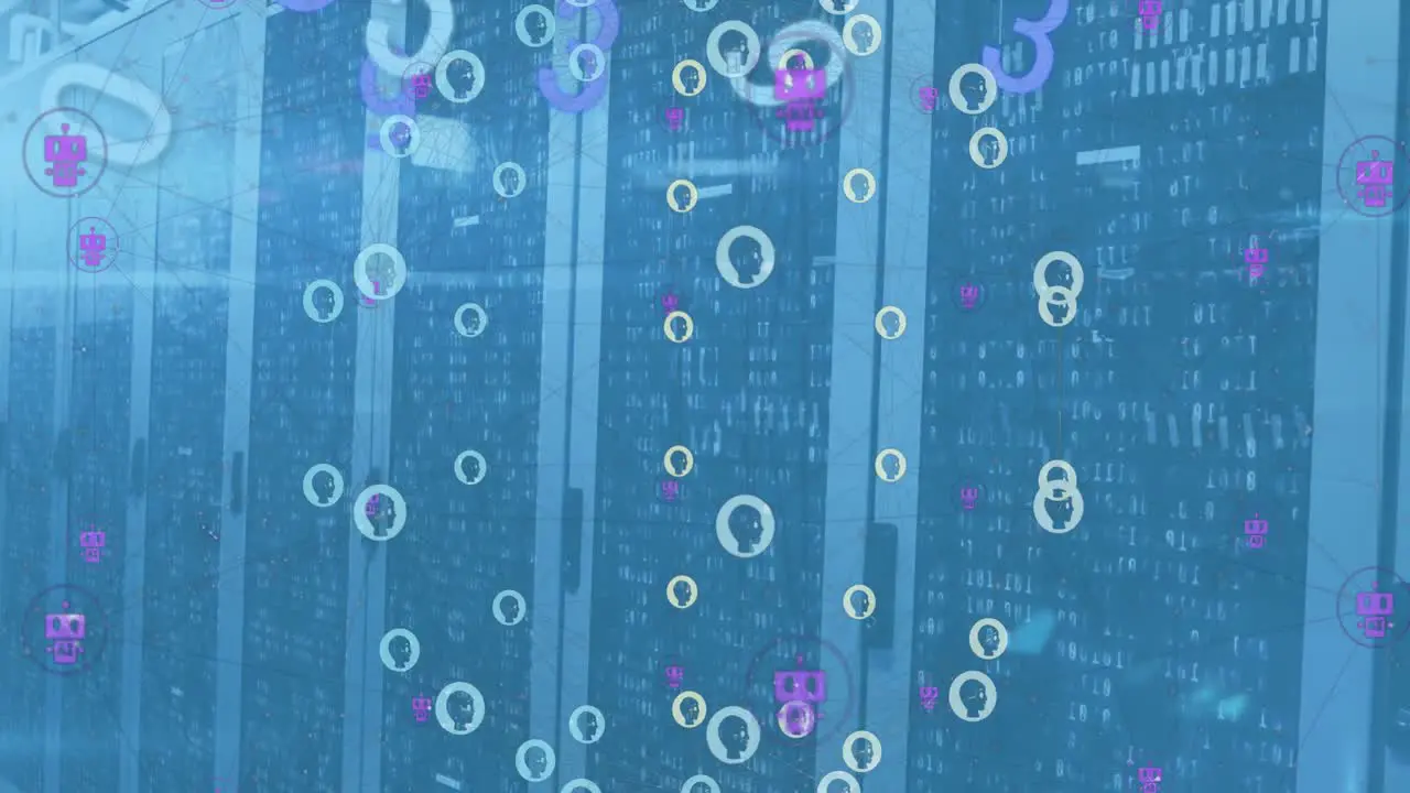 Animation of changing numbers icons globe over abstract patterns on server room