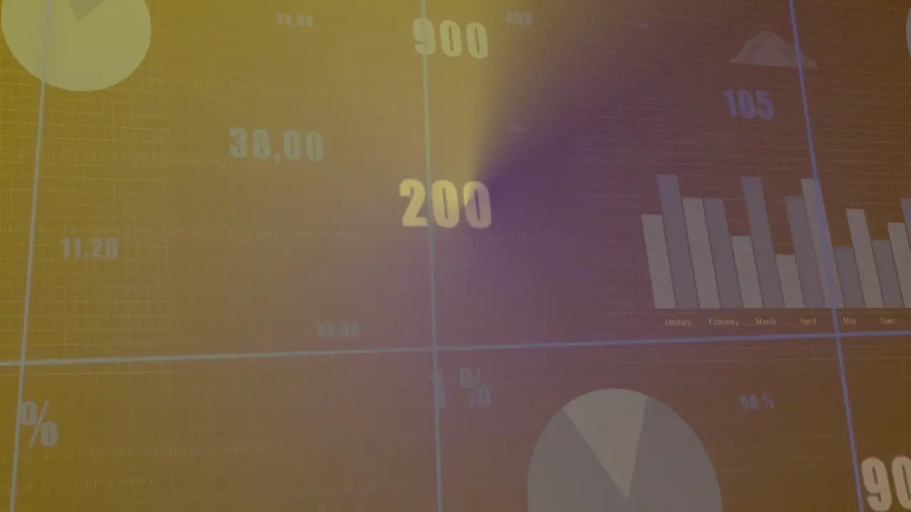 Animation of grid pattern over changing numbers and graphs against abstract background