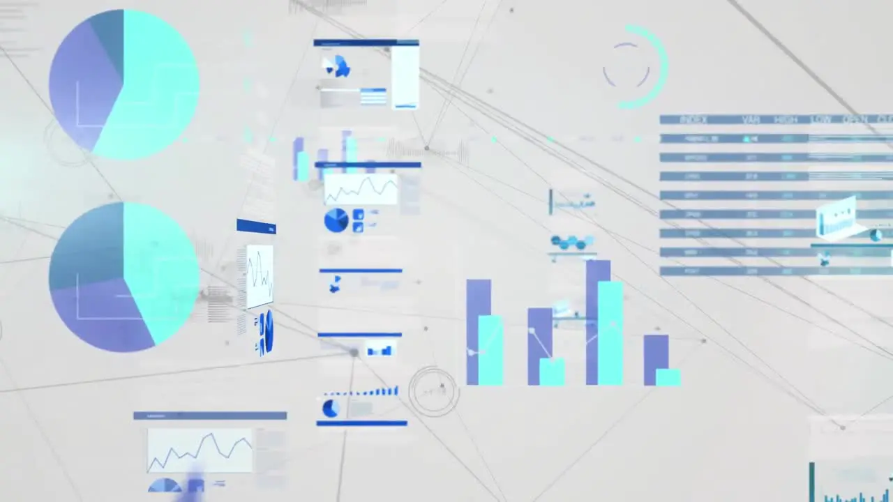 Animation of connected dots over multiple graphs and loading circles against abstract background