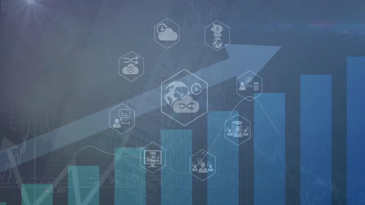 Animation of icons in hexagons over arrow and bar graph against abstract background