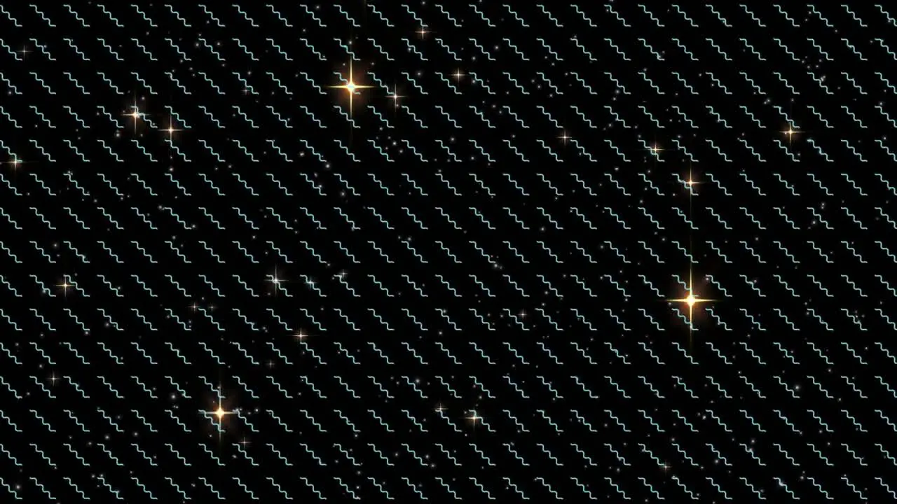 Digital animation of multiple shining stars over wavy lines in seamless pattern on black background