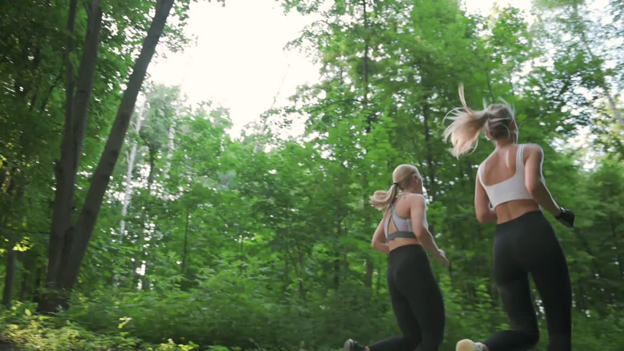 Zwei Wunderschöne Blonde Sportlerinnen Geben High Five Und Laufen Gemeinsam Im Park Los