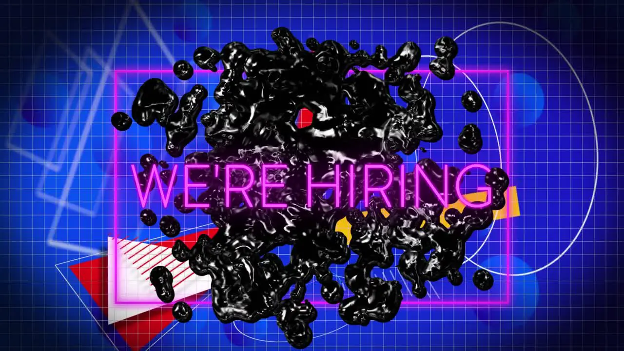 Animation of we are hiring text in rectangle over geometric shapes abstract pattern in background