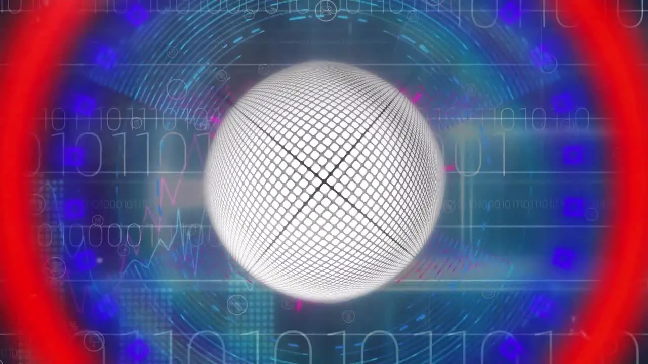 Animation of globe in circles over graphs and binary codes against abstract background