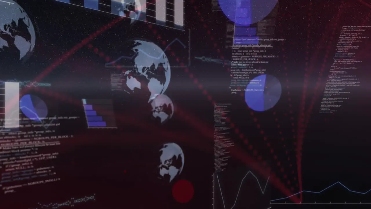 Animation of globes programming language bar graph over red dots forming abstract pattern