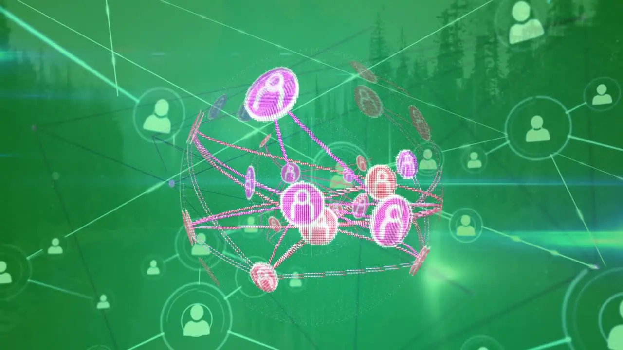 Animation of connected icons forming globe aerial view of lake and forest