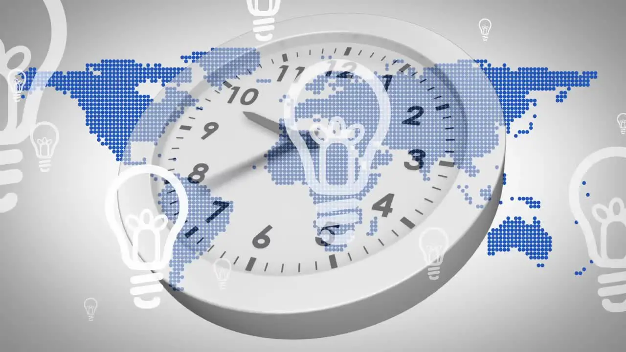 Animation of light bulb icons over clock against map on abstract background