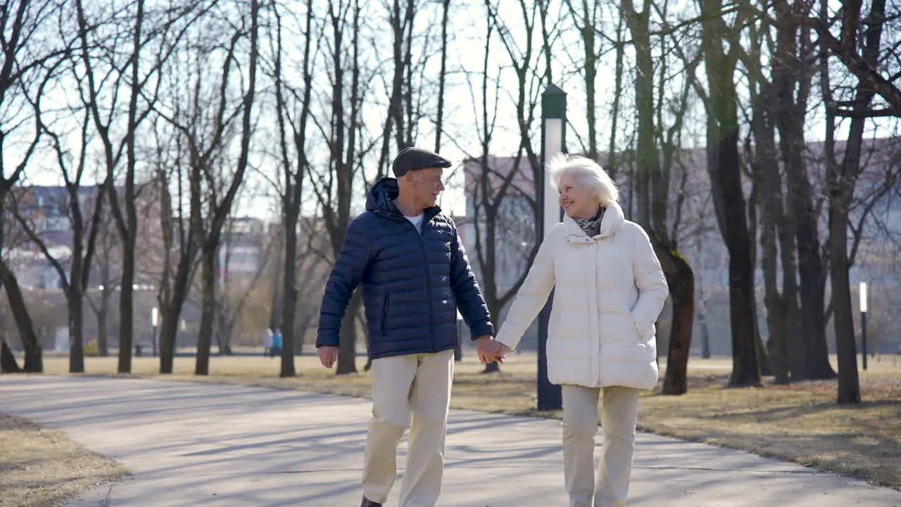 Pareja Mayor Tomados De La Mano Caminando Y Riendo En El Parque En Un Día De Invierno