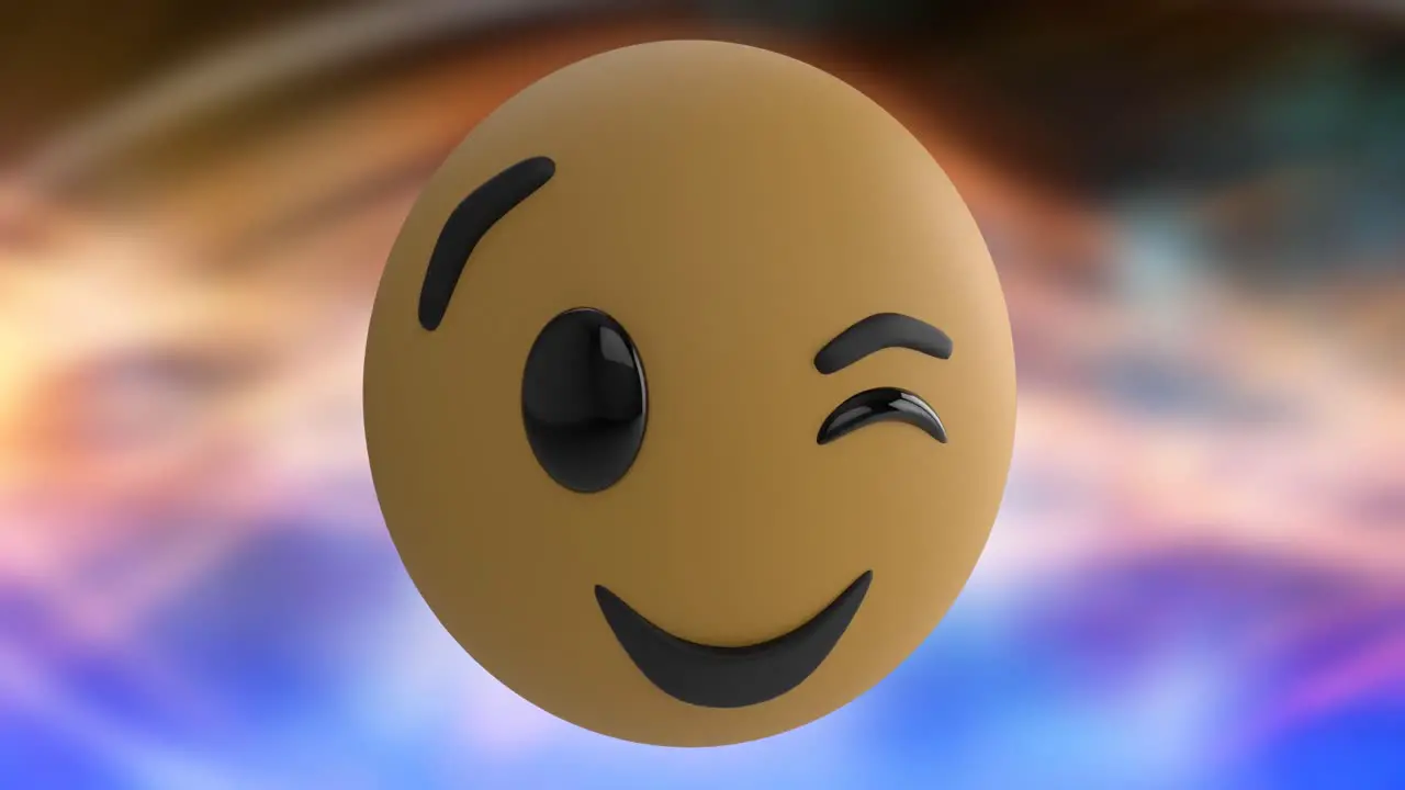 Animation of winking face emoji icon against blurred background with copy space